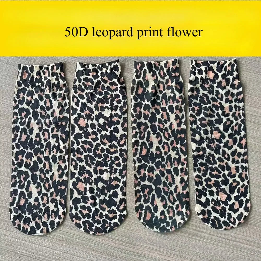 Leopard Large Flower Print Short Socks Summer Single Shoes Short Stockings High Elastic Comfortable Breathable Ultra-Thin