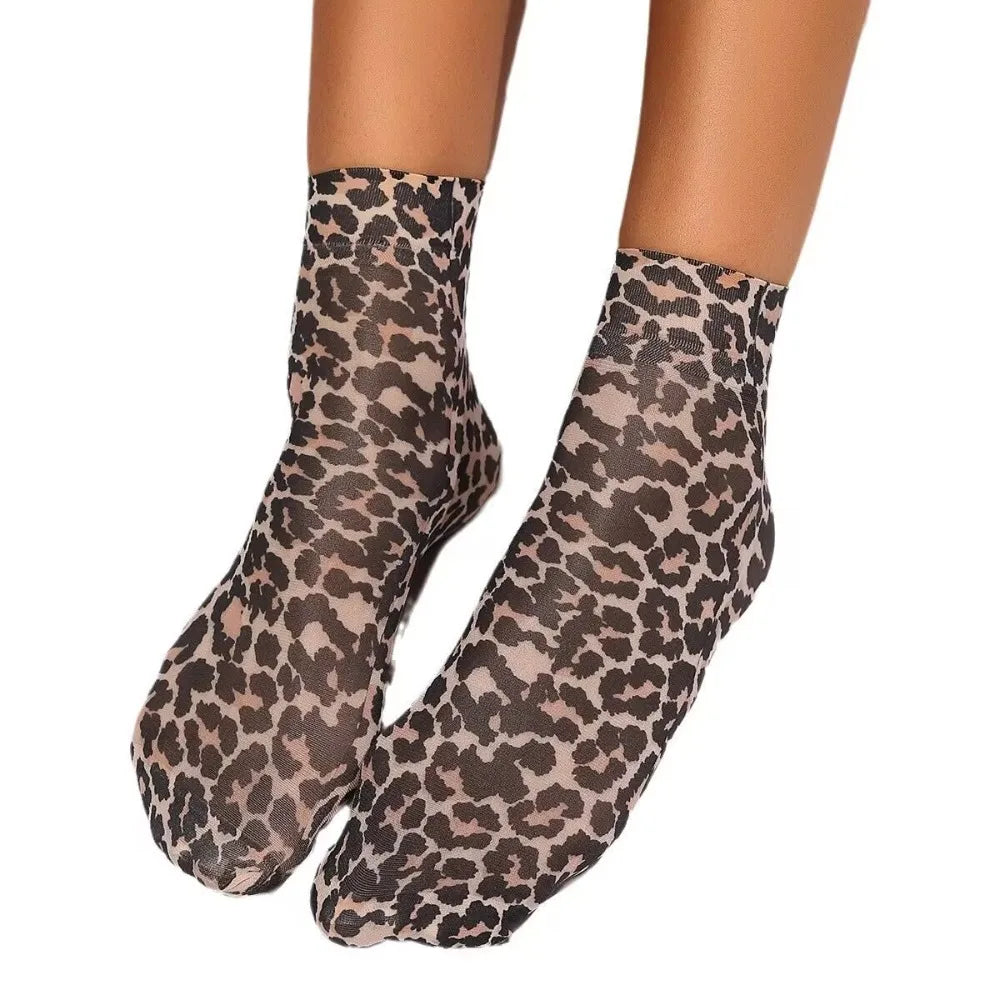 Leopard Large Flower Print Short Socks Summer Single Shoes Short Stockings High Elastic Comfortable Breathable Ultra-Thin