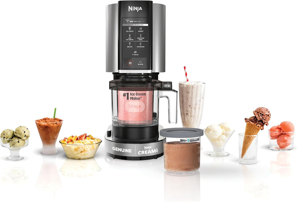 Ninja NC301 Creami Ice Cream Maker, for Gelato, Mix-Ins, Milkshakes, Sorbet, Smoothie Bowls & More, 7 One-Touch Programs, with (2) Pint Containers & Lids, Compact Size, Perfect for Kids, Silver