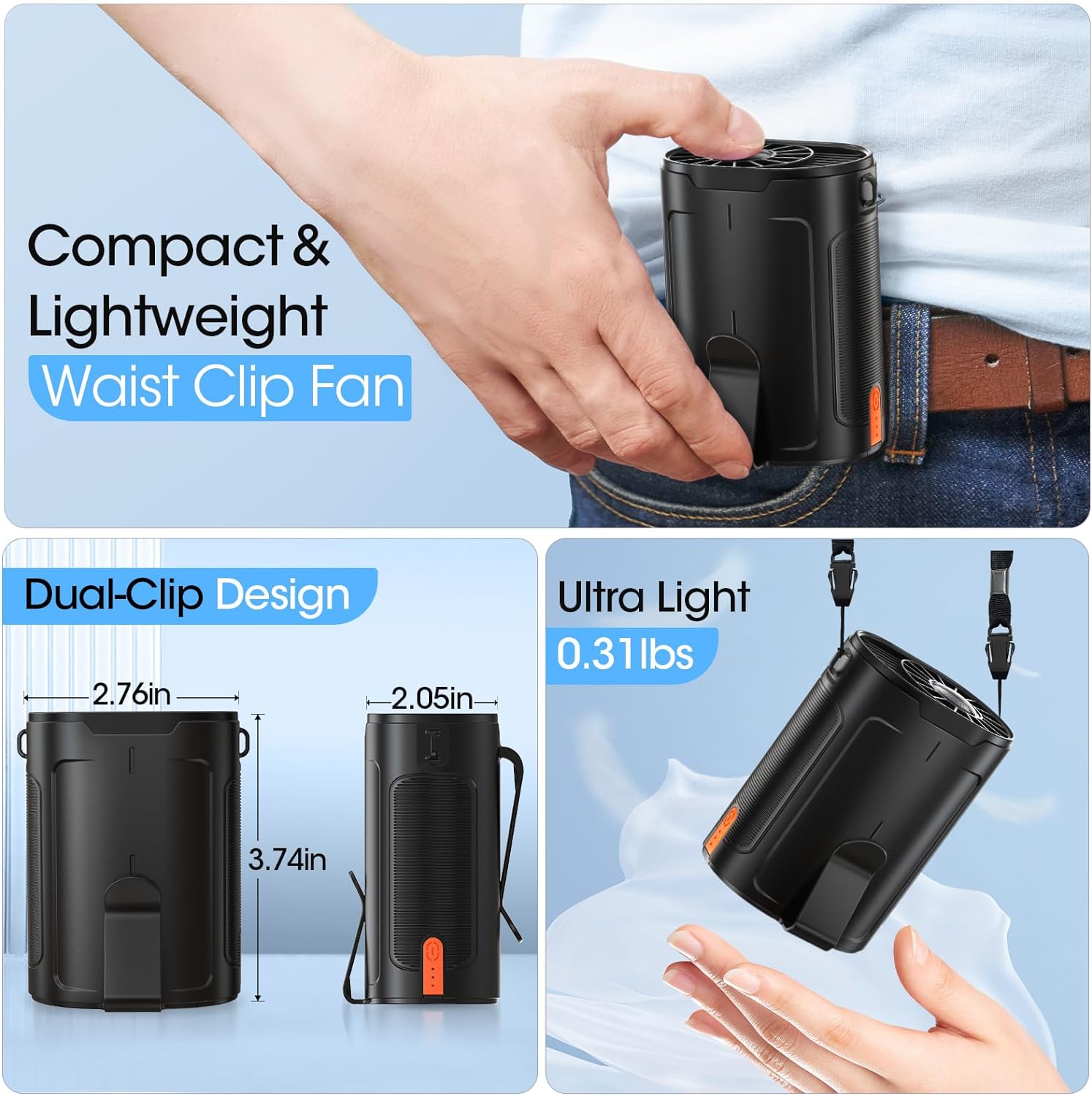 2026 AI Portable Fan Rechargeable, 4-Speed 6600RPM Strong Airflow, Personal Waist Fan with up to 25H of Working Time, Hands-Free Hanging Neck Fan, Wearable Belt Fan for Camping, Outdoor, Jobsite