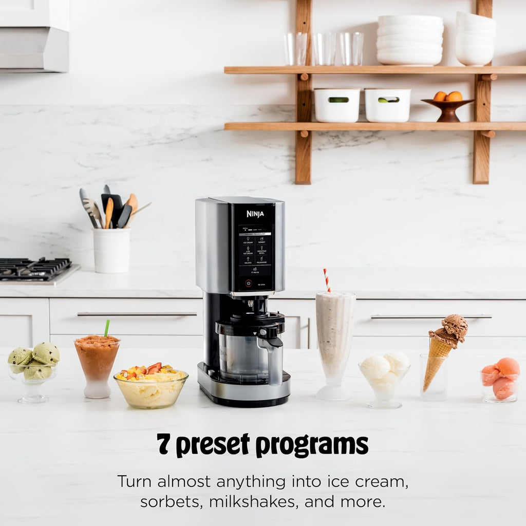 Ninja NC301 Creami Ice Cream Maker, for Gelato, Mix-Ins, Milkshakes, Sorbet, Smoothie Bowls & More, 7 One-Touch Programs, with (2) Pint Containers & Lids, Compact Size, Perfect for Kids, Silver