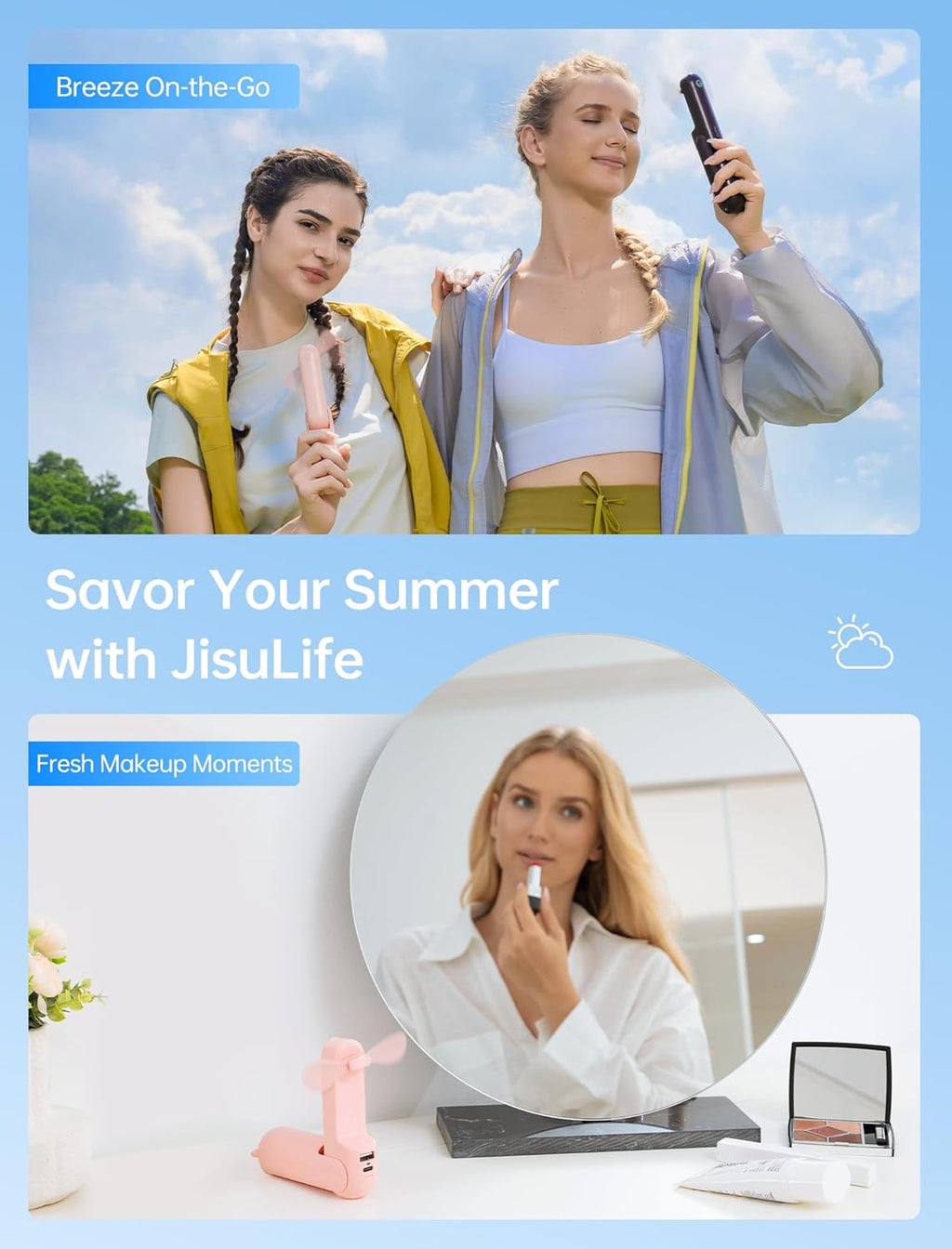 3 in 1 Handheld Mini Fan - Portable Fan & Power Bank & Flashlight, 19H Max Cooling, USB Rechargeable, Pocket-Sized for Travel, Cruise, Concerts, Makeup, 2026 Summer Gifts for Women(Pink)