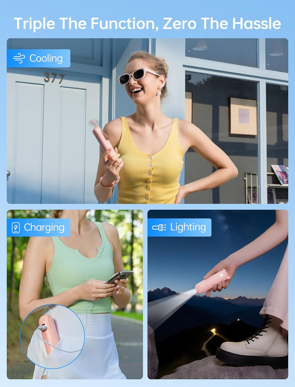 3 in 1 Handheld Mini Fan - Portable Fan & Power Bank & Flashlight, 19H Max Cooling, USB Rechargeable, Pocket-Sized for Travel, Cruise, Concerts, Makeup, 2026 Summer Gifts for Women(Pink)