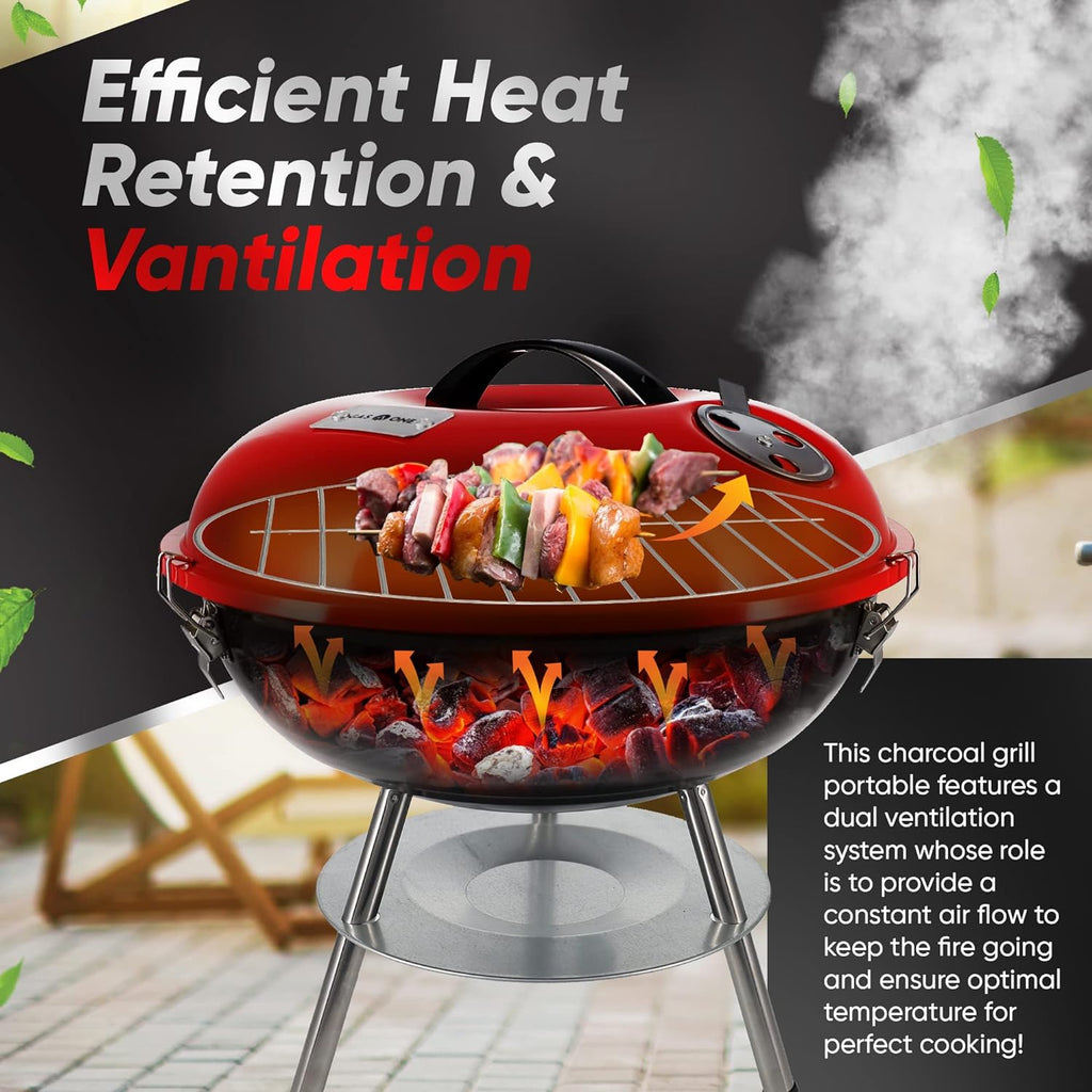 – 14-Inch Portable Barbecue Grill with 3-Point Locking Lid for Heat Preservation – Dual Venting System – Small Charcoal Grill for Backyard, Camping, Boat