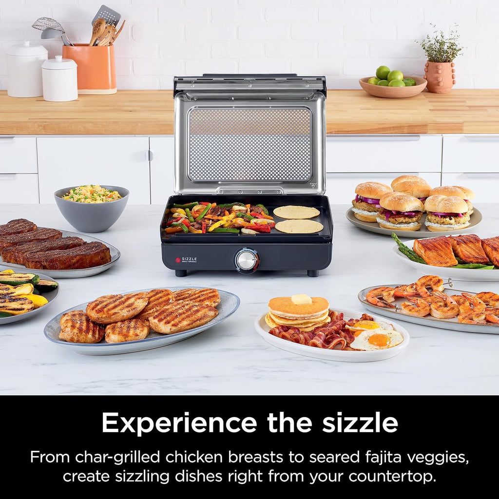 Griddle and Indoor Grill, 14’’, Electric Grill, for Steak, Burgers, Salmon, Veggies, and More, Pancake Griddle, Nonstick, Dishwasher Safe, 500F, Even Cooking, Silver, GR101