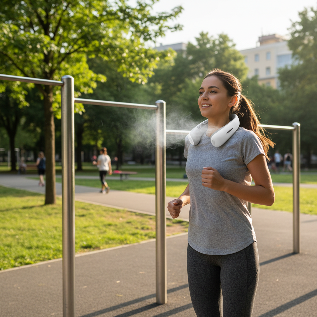 Person wearing neck fan outdoors walking and working out